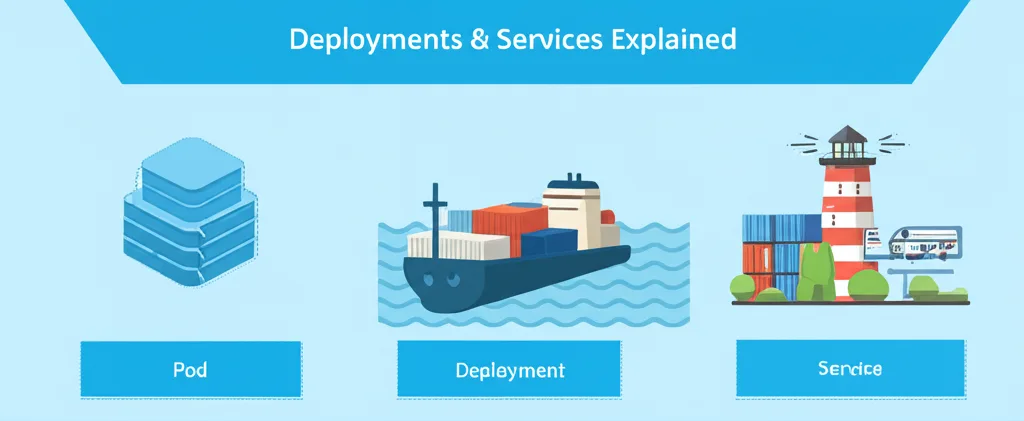 A high-quality, relevant image for an article about: Kubernetes Pods, Deployments & Services Explain
