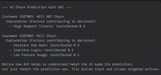 console log showing results of the AI customer churn model