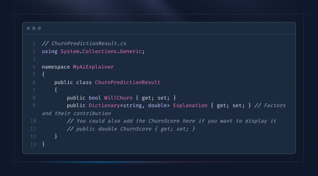 C# code defining ChurnPredictionResult class for AI output