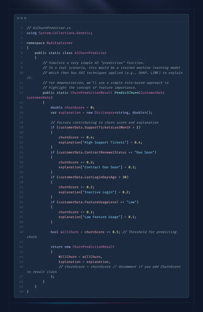 C# code for AiChurnPredictor class, showing churn prediction logic