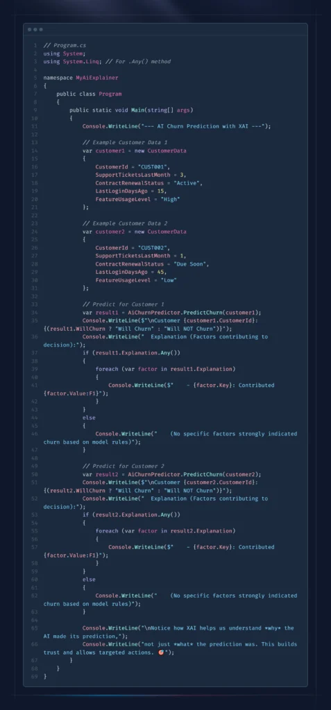 C# code for Program class, demonstrating AI churn prediction usage